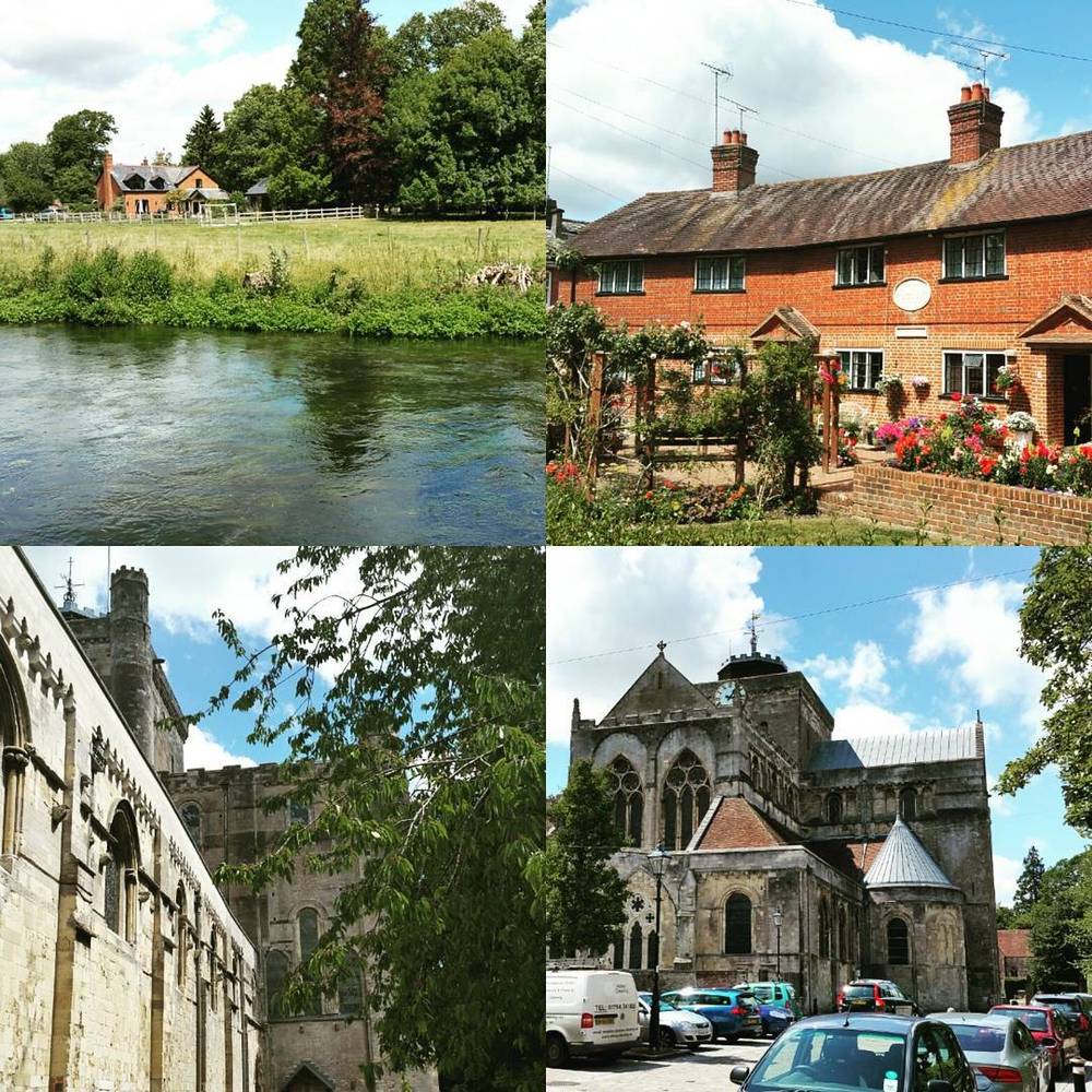 A collage of English countryside: a river, brick cottages with roses, and a historic stone church.
