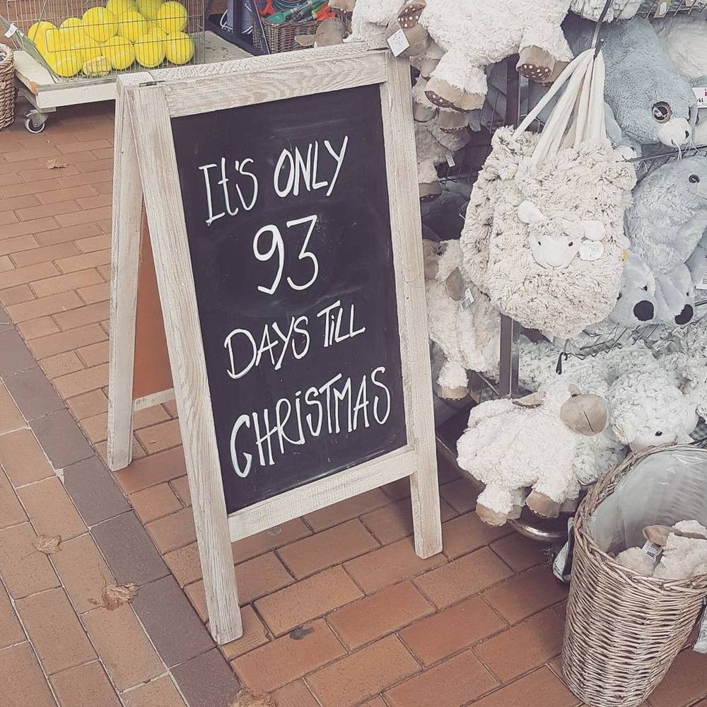 A shop sidewalk chalkboard reading "It's only 93 days till Christmas," next to plush toys.