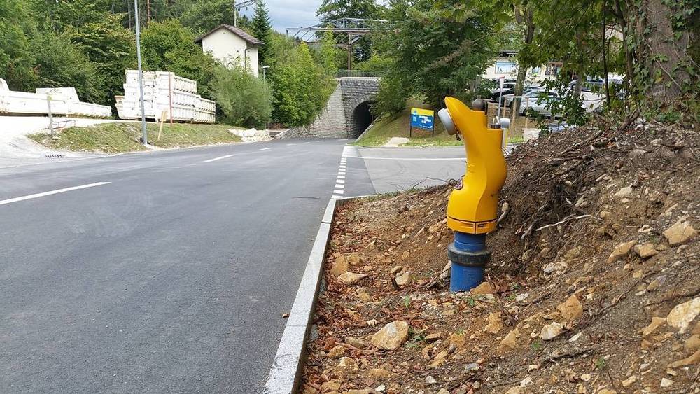 A quiet mountain road curving past a tunnel entrance and a yellow roadside fixture.