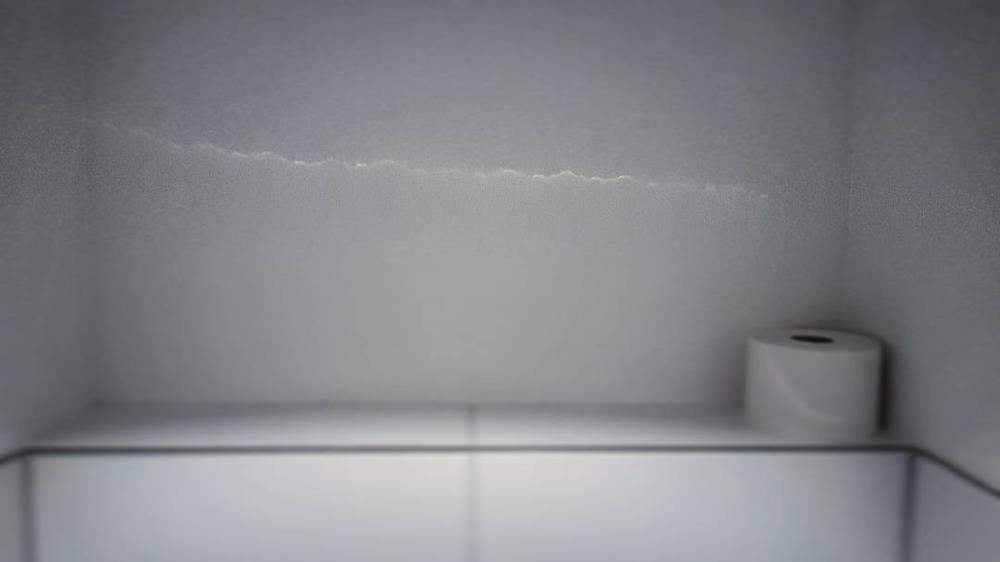 A faint crack running along a plain toilet wall, resembling the cracks from the Doctor Who TV series.
