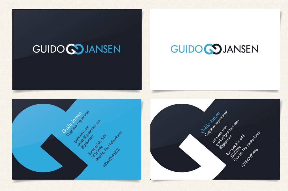 Four mockup business cards show a new 'Guido Jansen' logo design in black, white and blue.