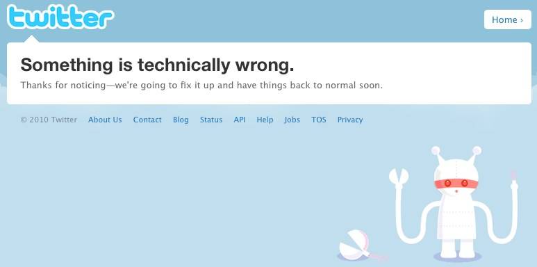 A Twitter error page reads 'Something is technically wrong,' with a cartoon robot illustration.