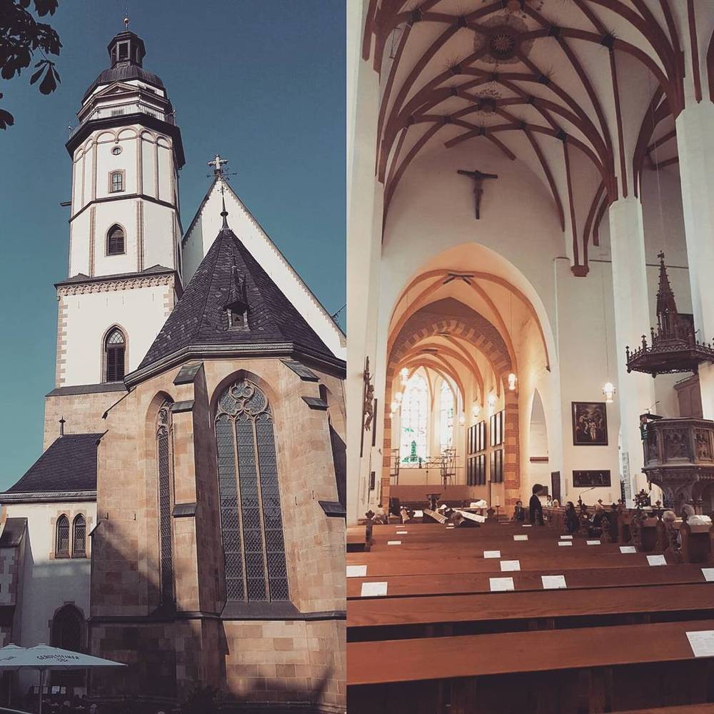 Collage of a church exterior with a bell tower and its vaulted interior.