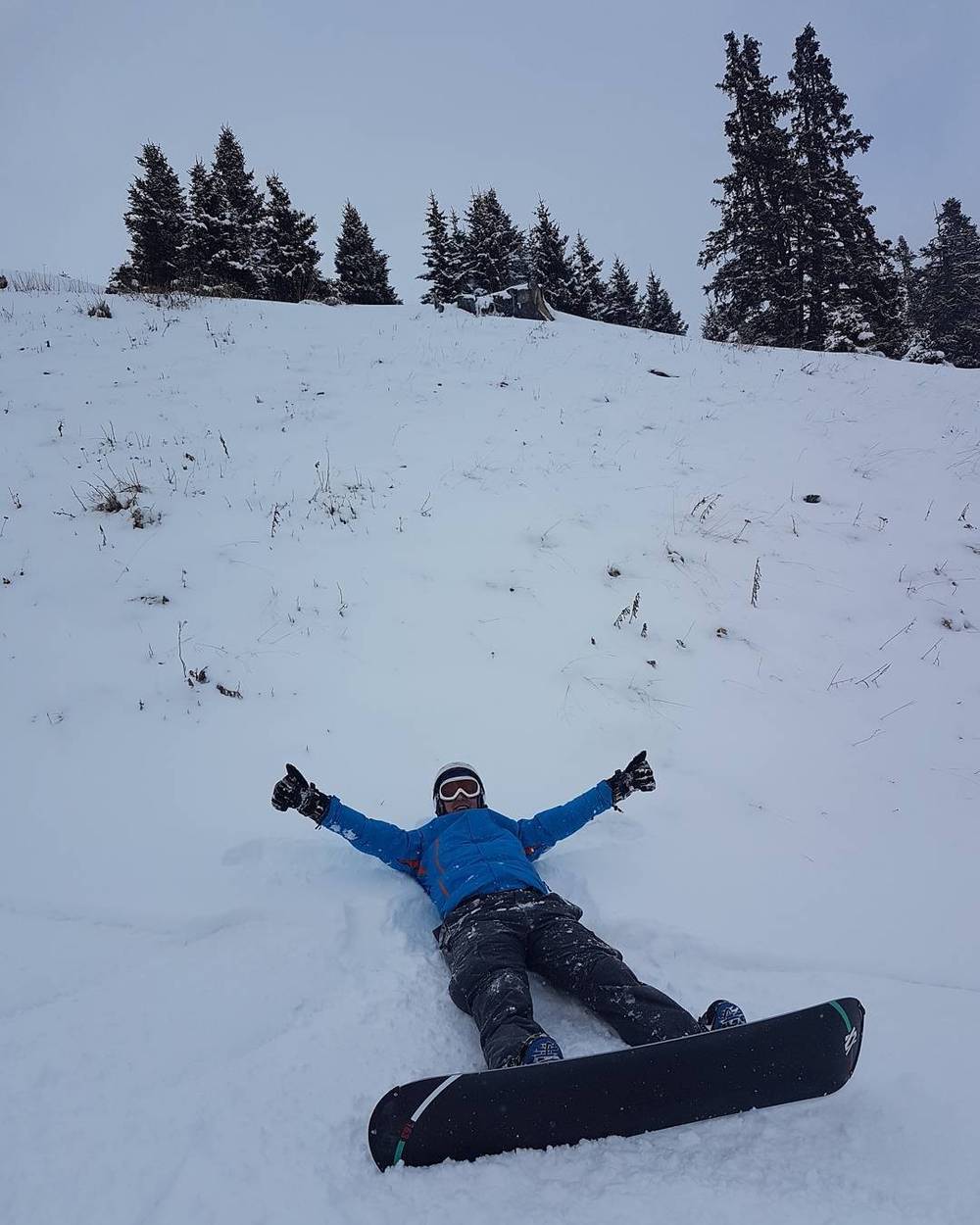 A snowboarder lies in the snow with arms raised, surrounded by pine trees.