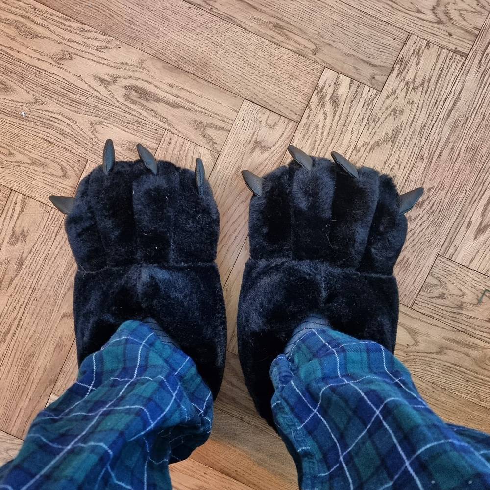 A pair of feet wearing furry blue monster-claw slippers on a wooden floor.