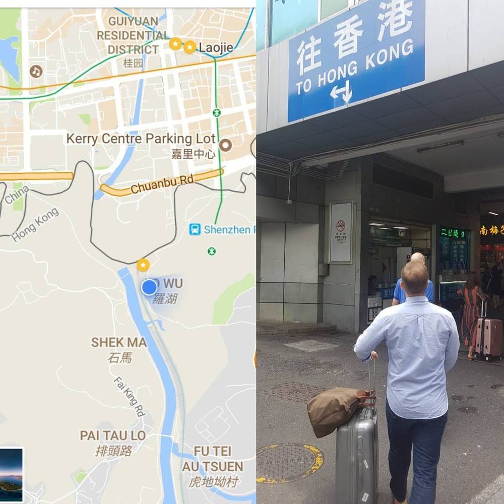 A collage of a map showing a route toward Hong Kong, and a man walking down a street with shopping bags.