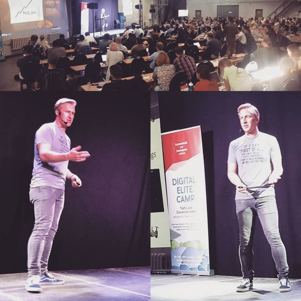 A collage of a conference: an audience listening in a hall, and two men presenting on stage at "Digital Elite Camp."