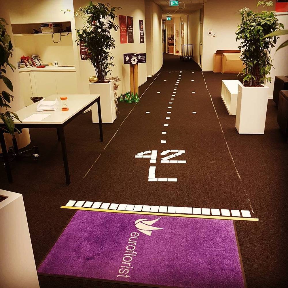 An office hallway decorated with a numbered runway design on the carpet, leading to a Euroflorist branded mat.