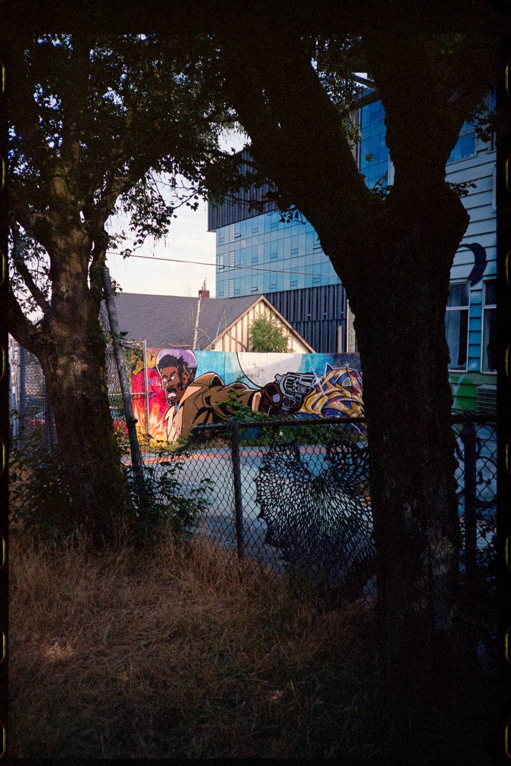 View of a mural and building in Mount pleasant between two trees