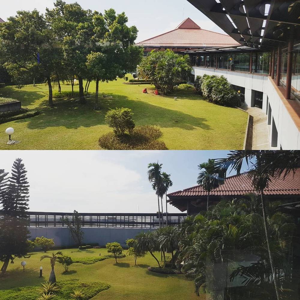 Collage of manicured tropical gardens beside a building with a peaked roof.