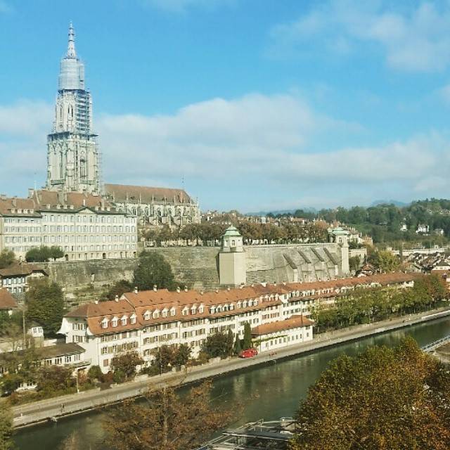 A view of a European riverside town with a tall cathedral spire and rows of historic buildings.