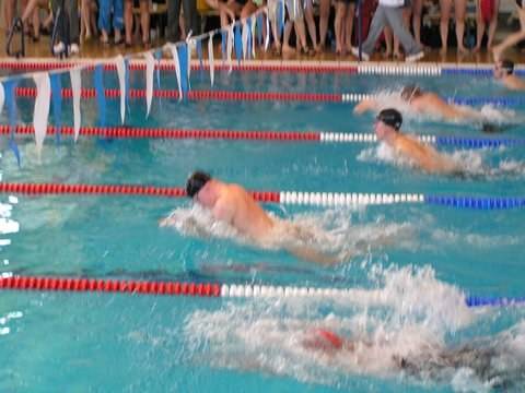 Swimmers race down lanes of an outdoor pool as spectators watch from the edge.