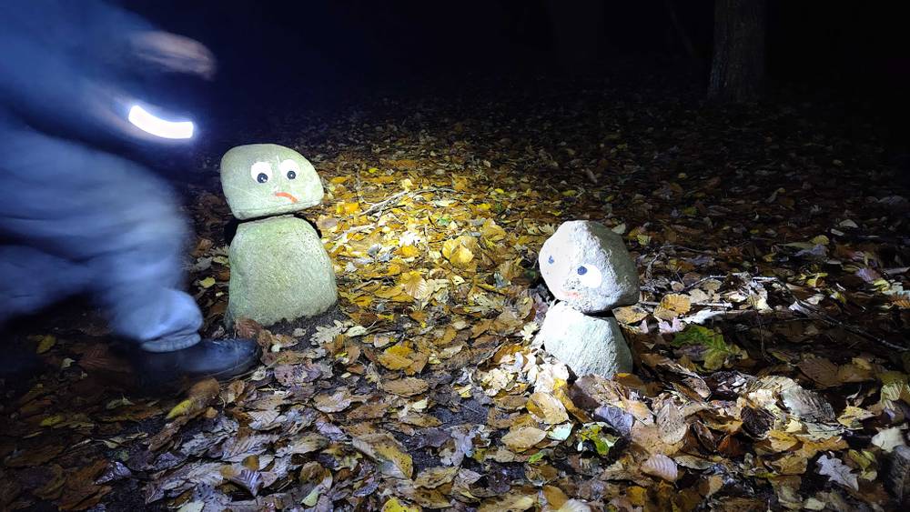 Two glow-in-the-dark toy figures placed among fallen leaves, lit up at night.