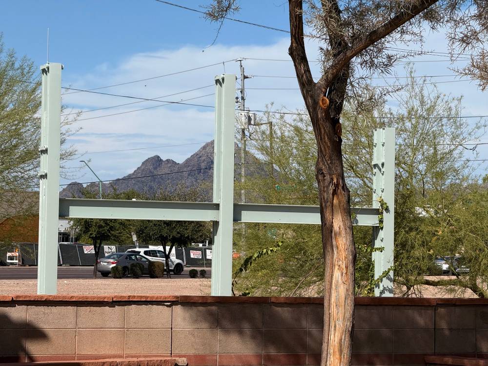 Another picture of a desert mountain seen behind trees.