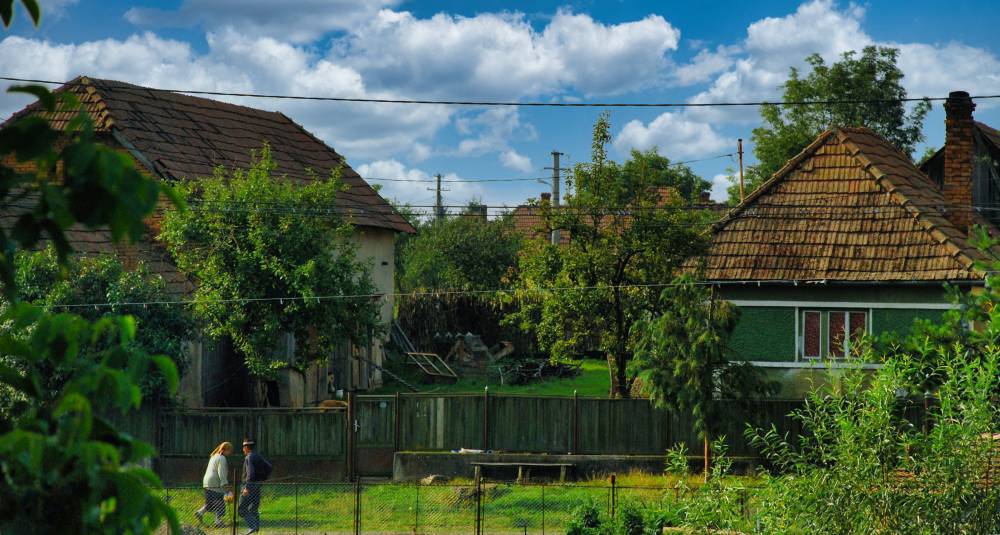Paisaje de una zona rural. Dos casas de tejado inclinado cubierto de tejas rojizas dominan la escena; la de la derecha tiene la fachada verde y ventanas con marco blanco, y una chimenea de ladrillo. Una valla de madera recorre el centro y, en primer plano, una alambrada delimita una franja de hierba verde donde caminan dos personas: una mujer de pelo claro con chaqueta clara y un hombre con ropa oscura y sombrero. Árboles frondosos, postes y cables eléctricos cruzan la imagen bajo un cielo azul con nubes blancas. En el borde izquierdo, hojas verdes desenfocadas.