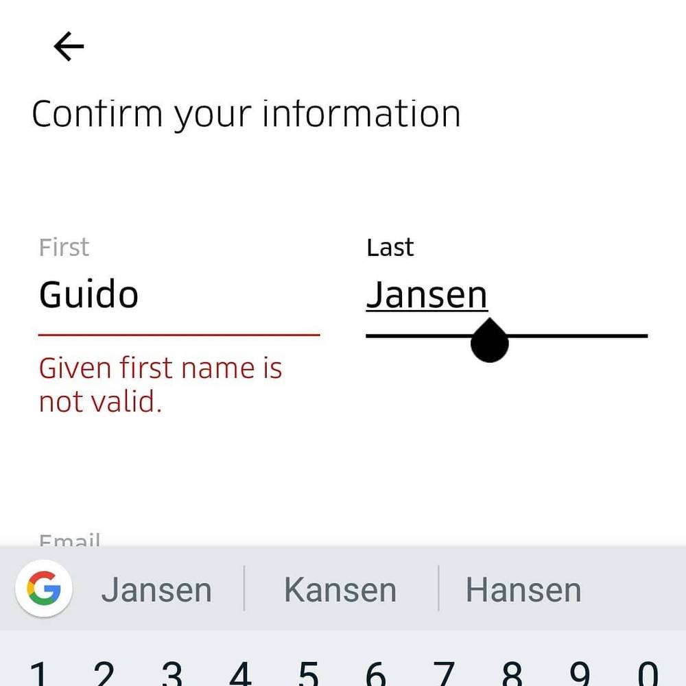 A phone form screen showing a 'Confirm your information' step with a validation error.