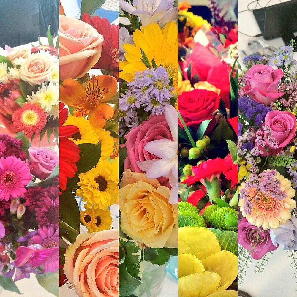A collage of five vertical strips showing different colorful flower bouquets.