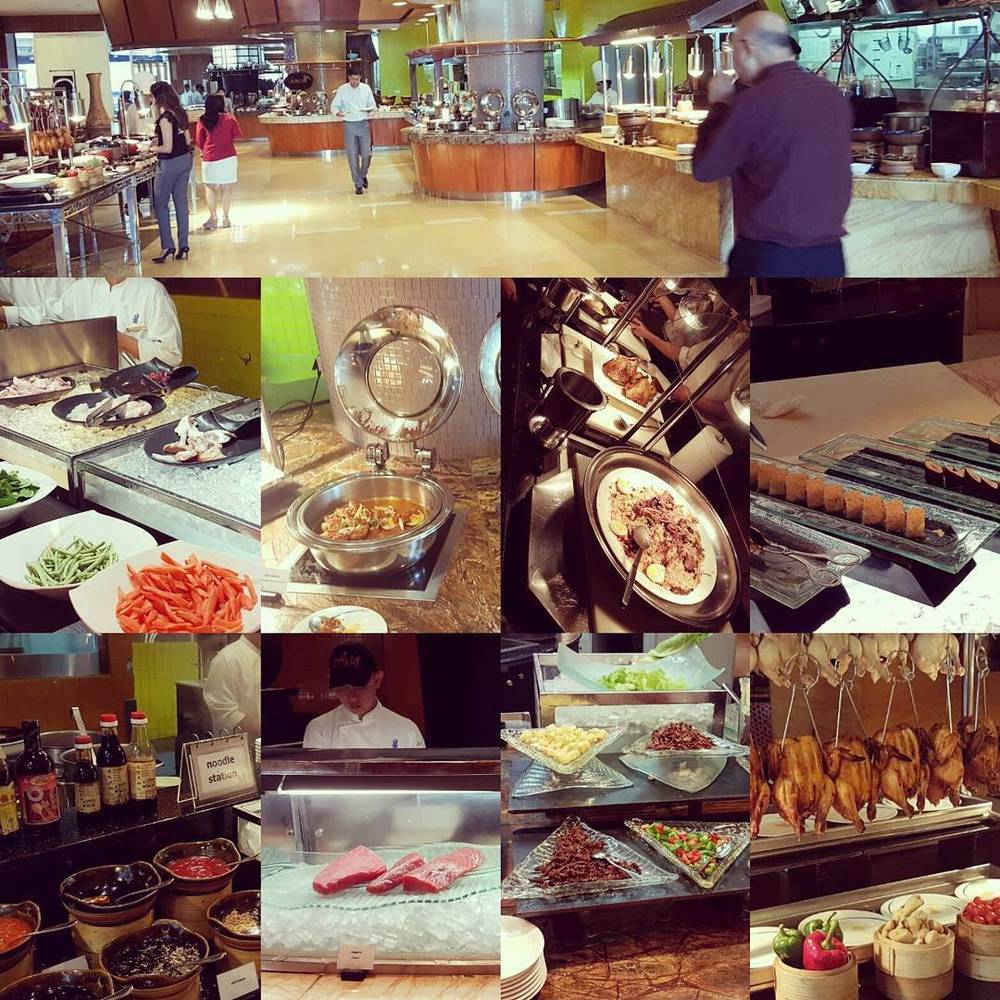 Collage of a hotel buffet spread with various dishes and serving stations.