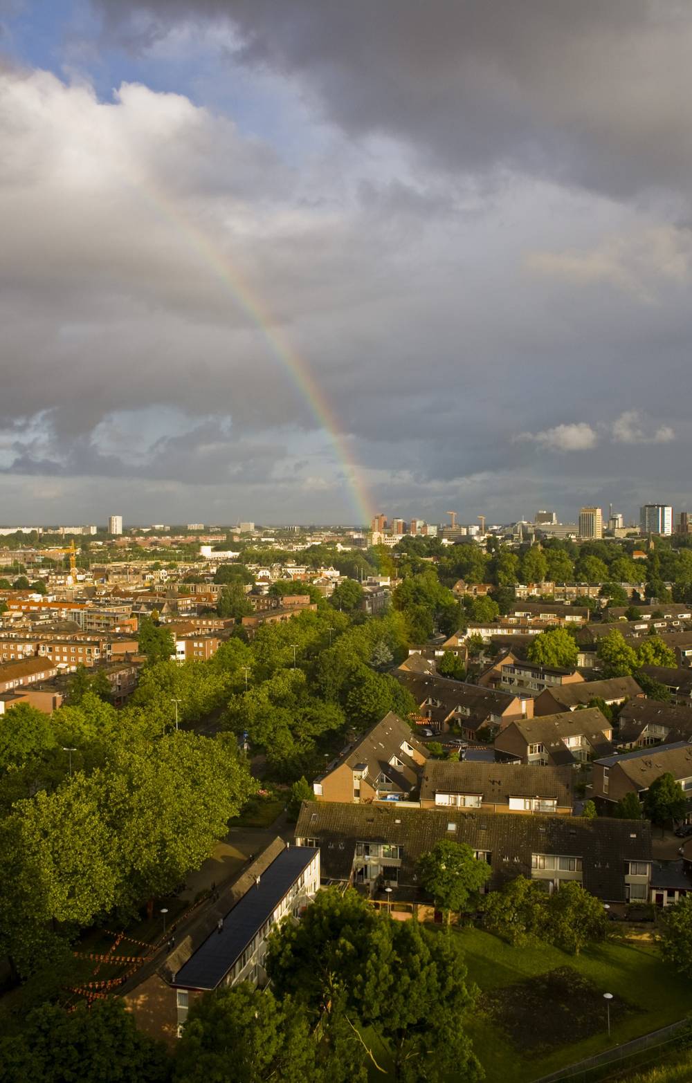 A rainbow arcing over the Utrecht rooftops, seen from a high vantage point above the trees and houses.
