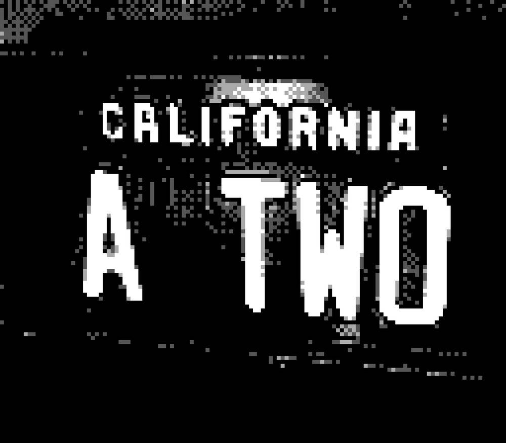 A black license plate with white block text reading “CALIFORNIA” above larger “A TWO”.