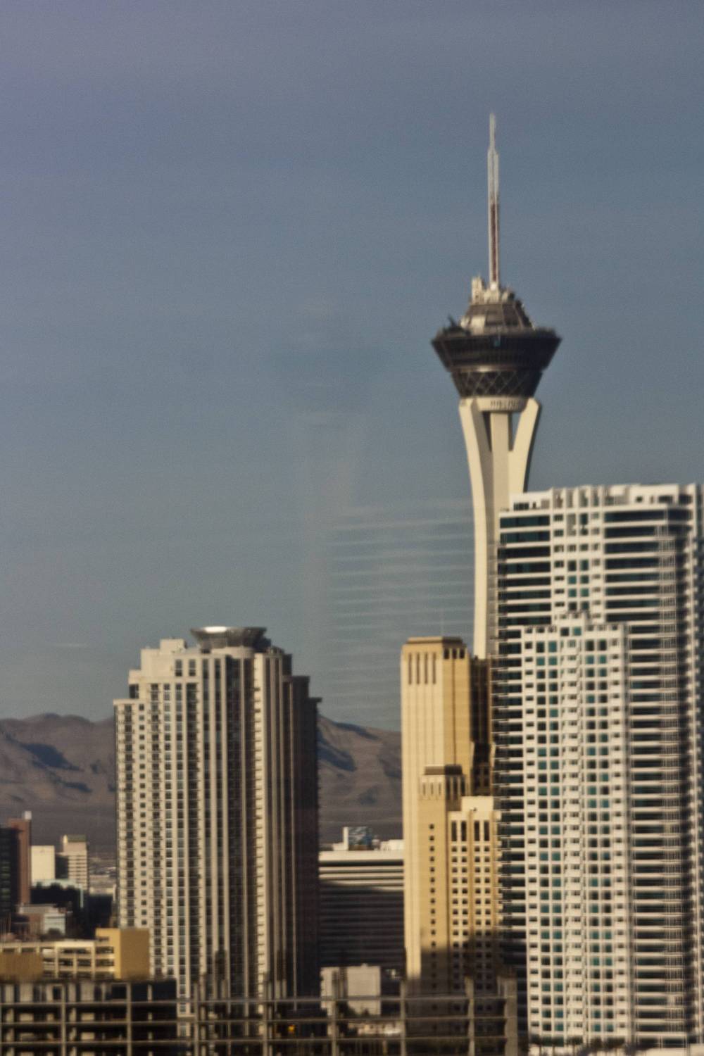 The Stratosphere Tower rises above the Las Vegas skyline on a clear day.