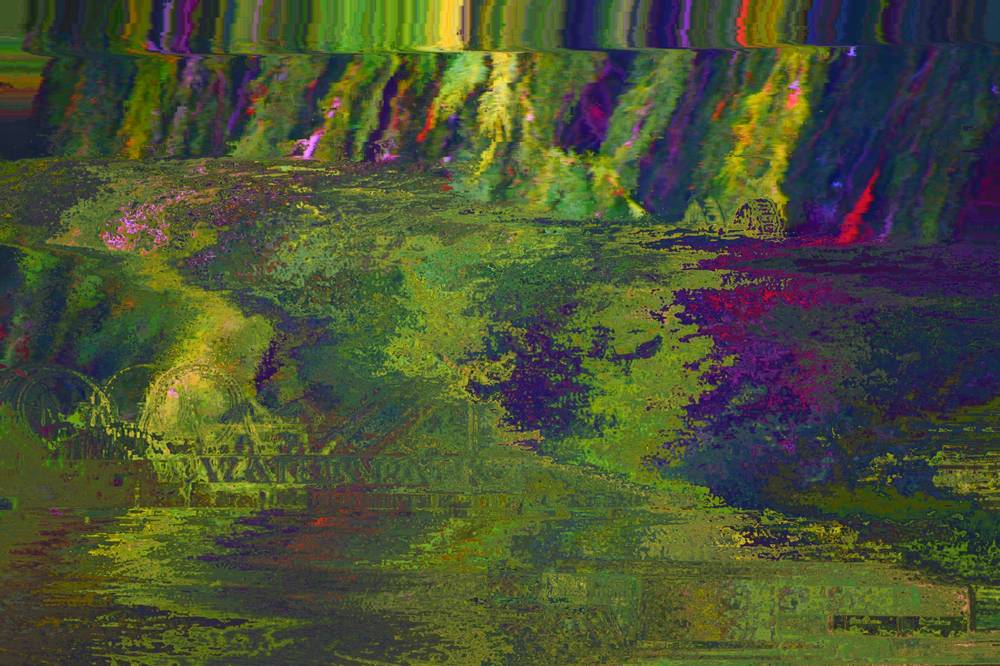 Glitched photo of an overgrown scene with a faint 'Water Park' sign and ghostly outlines of a ferris wheel and rides emerging from green digital noise, topped by a band of smeared horizontal scan-line distortion.
