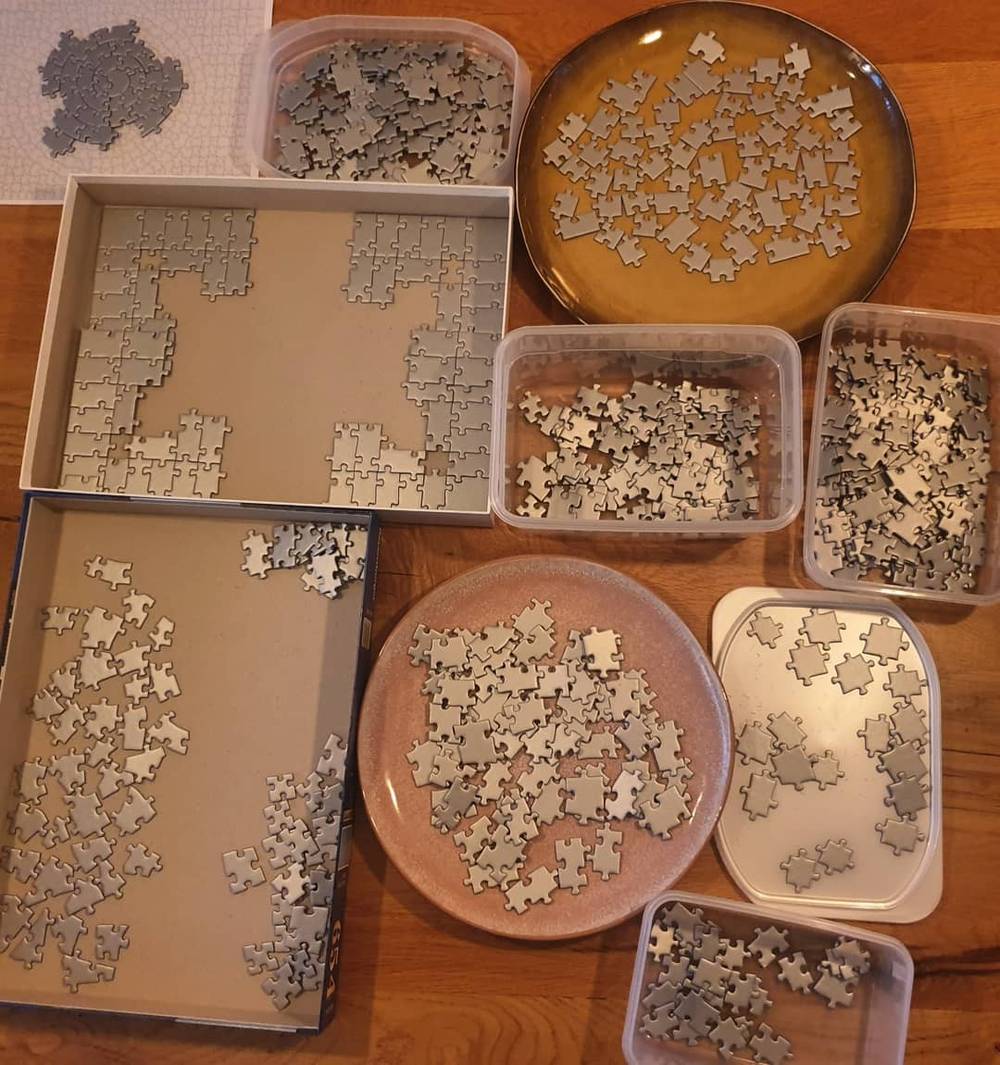 Jigsaw puzzle pieces sorted into trays and bowls, separating edge pieces from the rest of the identical gray puzzle.