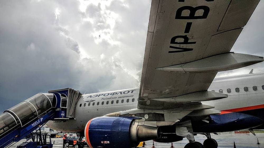 Close-up of an Aeroflot plane's tail and engine against a cloudy sky.