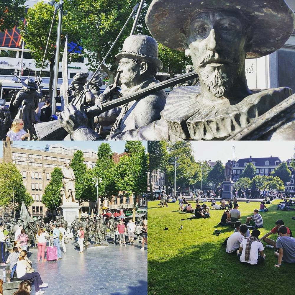 A collage of a bronze statue of armed figures and a busy square with a monument and people relaxing on grass.