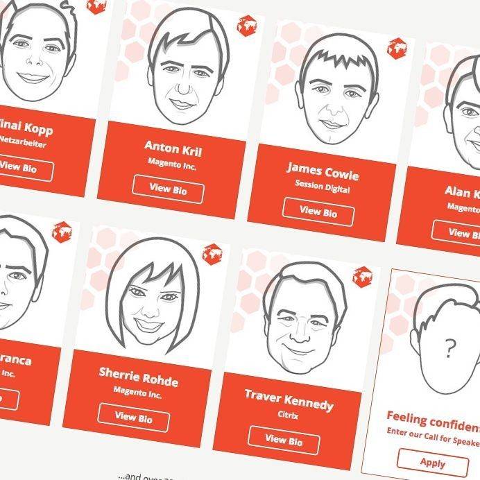 A speaker lineup webpage showing headshots and bios of conference speakers.