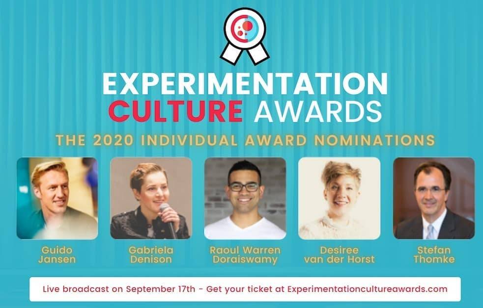 A promotional graphic for the 2020 Experimentation Culture Awards individual nominations, showing headshots of five nominees including Guido Jansen.