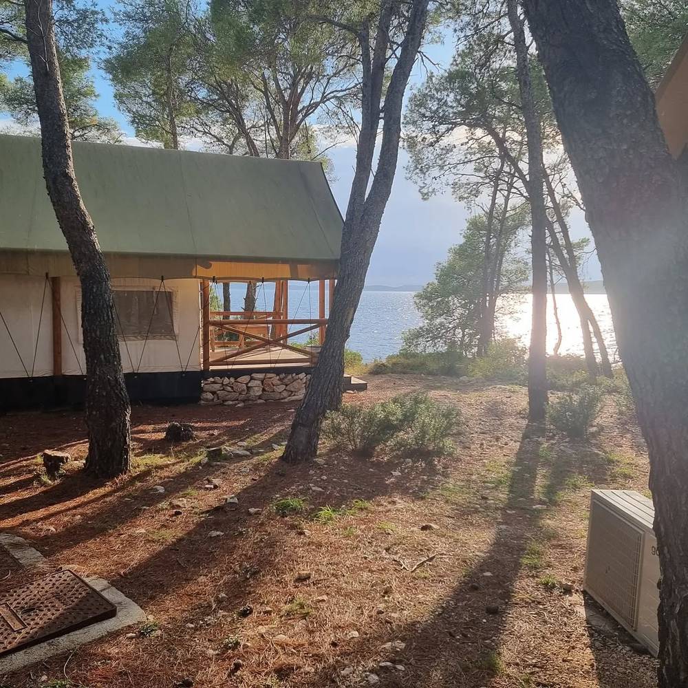 A rustic wooden cabin among pine trees, with sunlight filtering through the branches near the water.