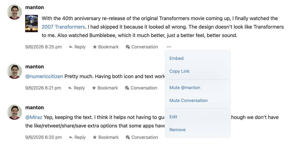 Screenshot of Micro.blog with some posts from Manton showing new icons in action links and a context menu.