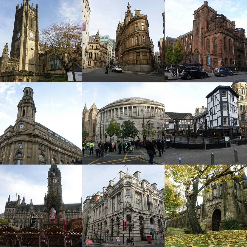 Collage of Manchester's historic buildings, including a clock tower, town hall, and a Tudor-style timber building.