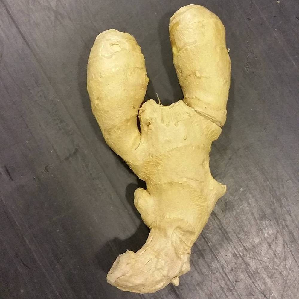 A knob of fresh ginger root on a wooden table.