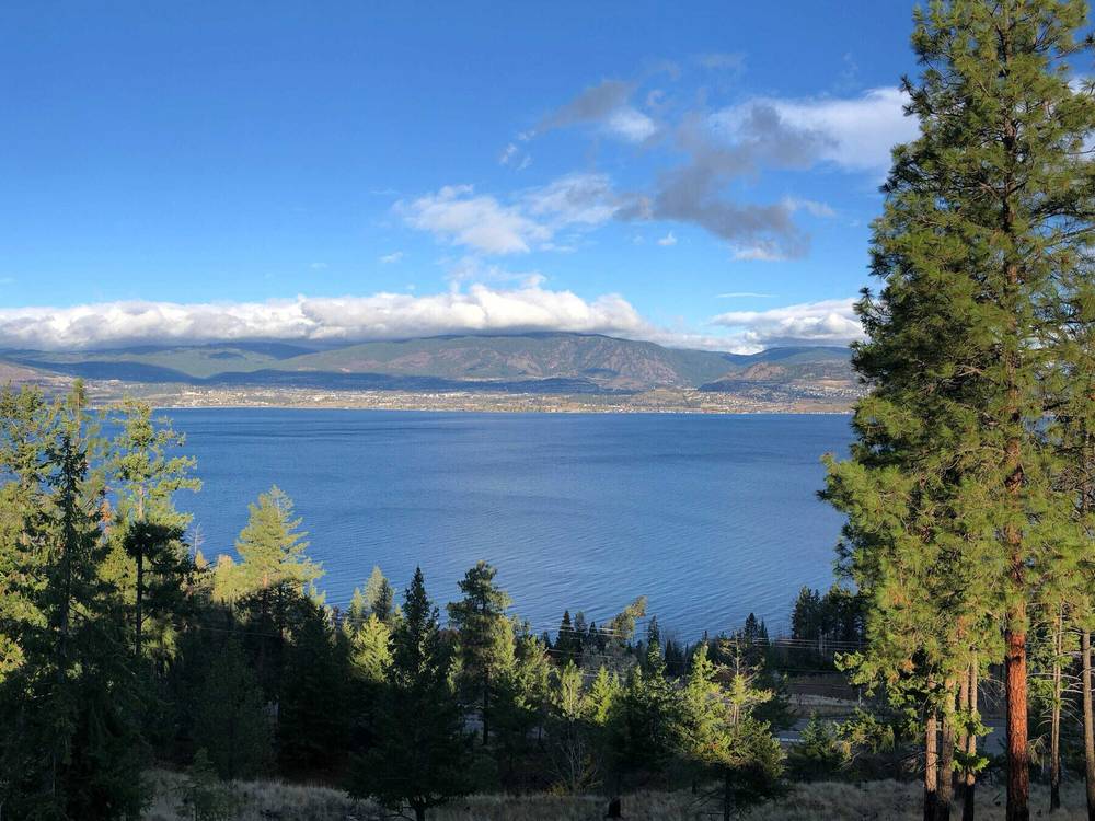 Same scene with the same trees framing the foreground but with a rich blue lake and cloud caped mountains on the other side…  a perfectly clear summer day