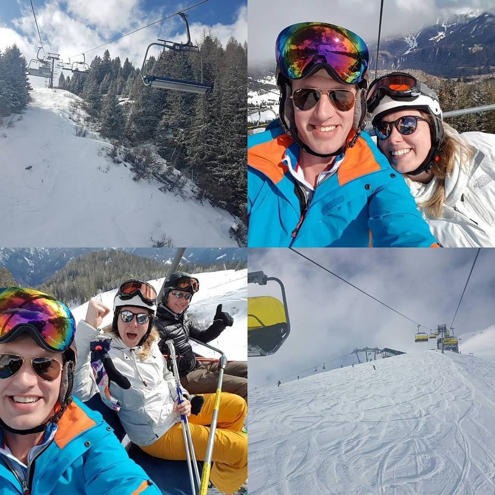 Collage of a ski chairlift, a couple smiling on the slopes, and friends riding a chairlift.