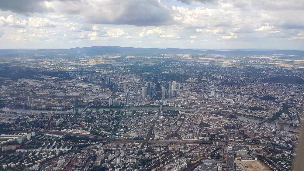 Aerial view over the city of Frankfurt from an airplane.