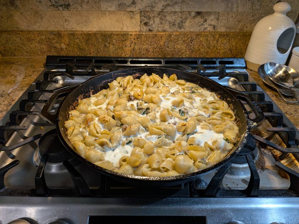 Home made Mac and Cheese in a cast iron skillet.
