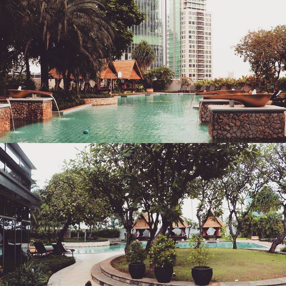 Collage of a hotel pool and garden pavilions surrounded by tropical trees.
