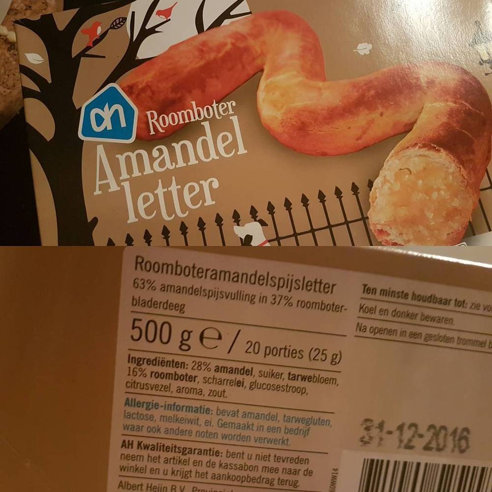 Packaging for a Dutch almond pastry (amandelletter) showing ingredients and nutrition information.