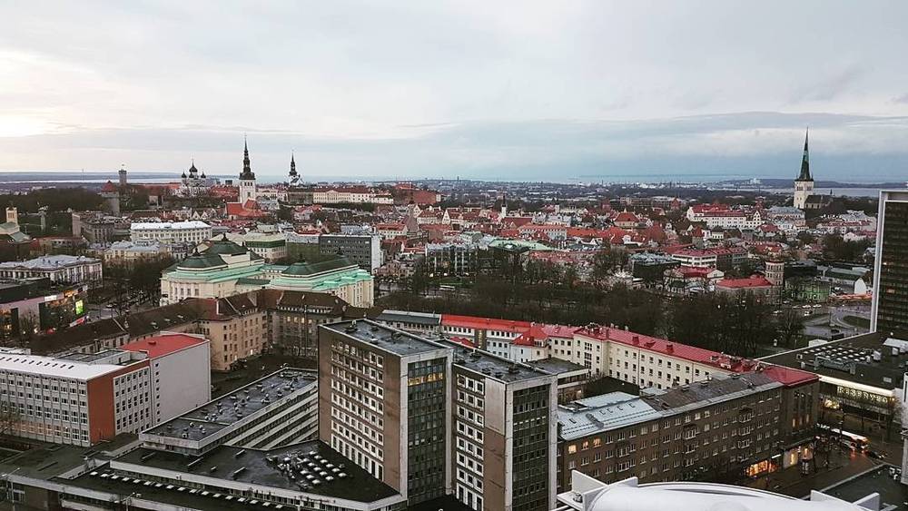 Elevated view over Tallinn's mix of modern towers and older buildings under a cloudy sky.
