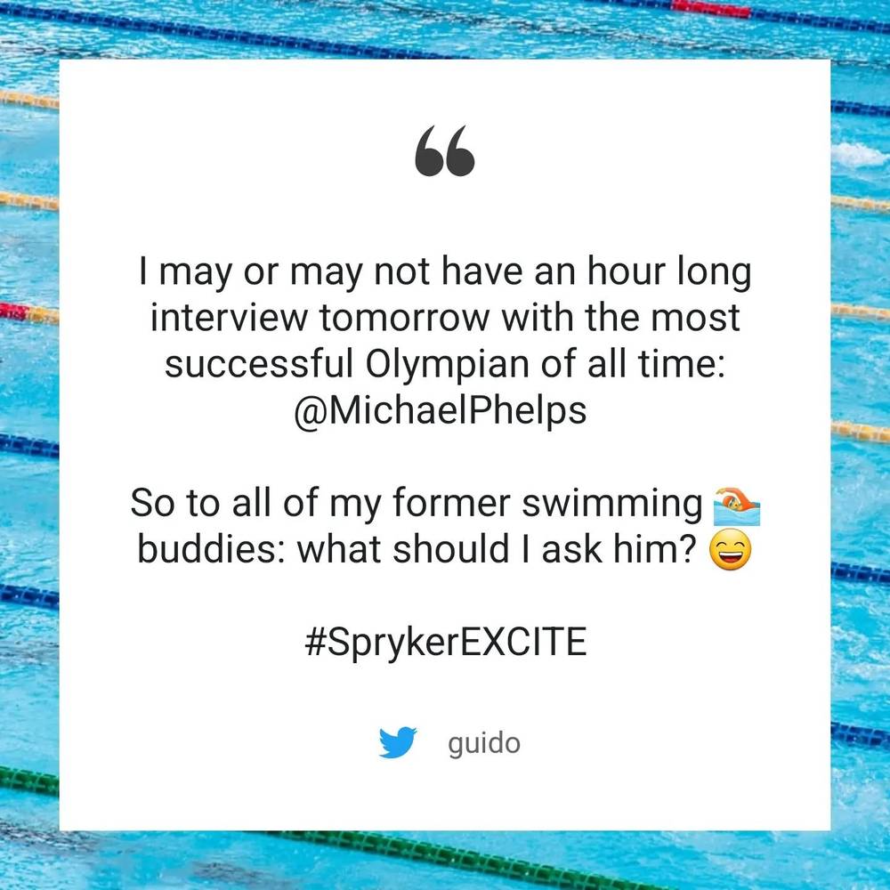 A tweet over a swimming pool background, joking about an upcoming interview with Olympian Michael Phelps.