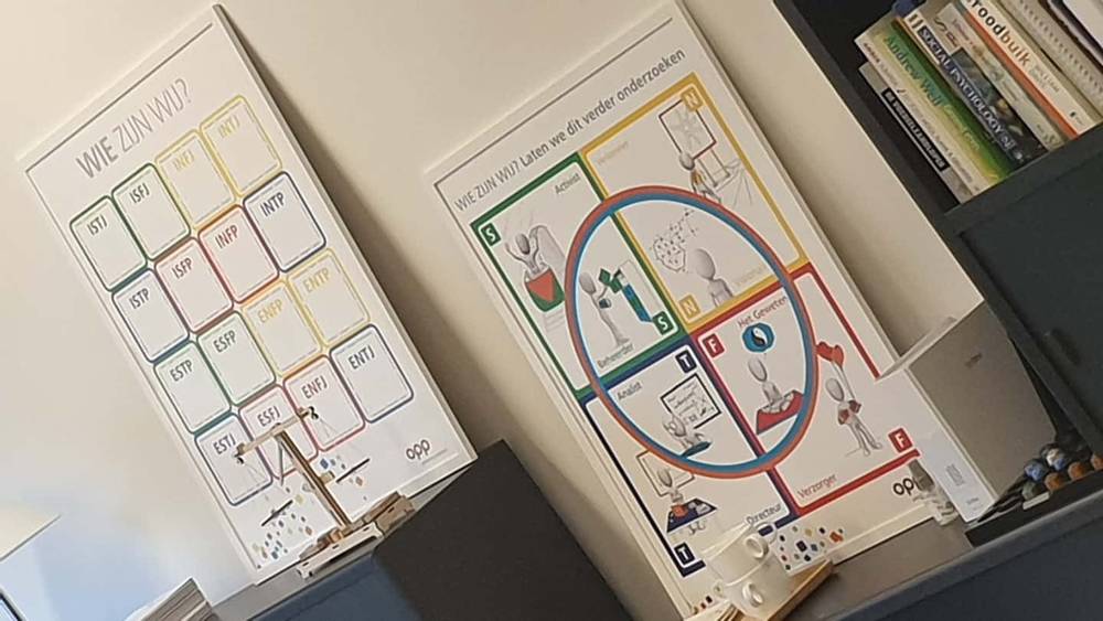 Personality-type poster charts, MBTI-style, displayed on a shelf.