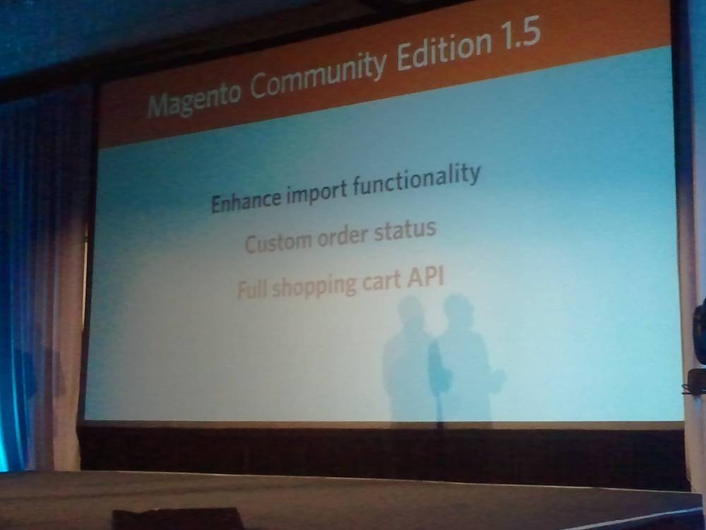 A conference screen displays 'Magento Community Edition 1.5' with a list of new features.