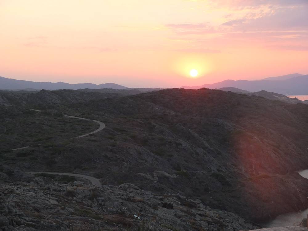 The sun sets over a rugged coastal hillside landscape.