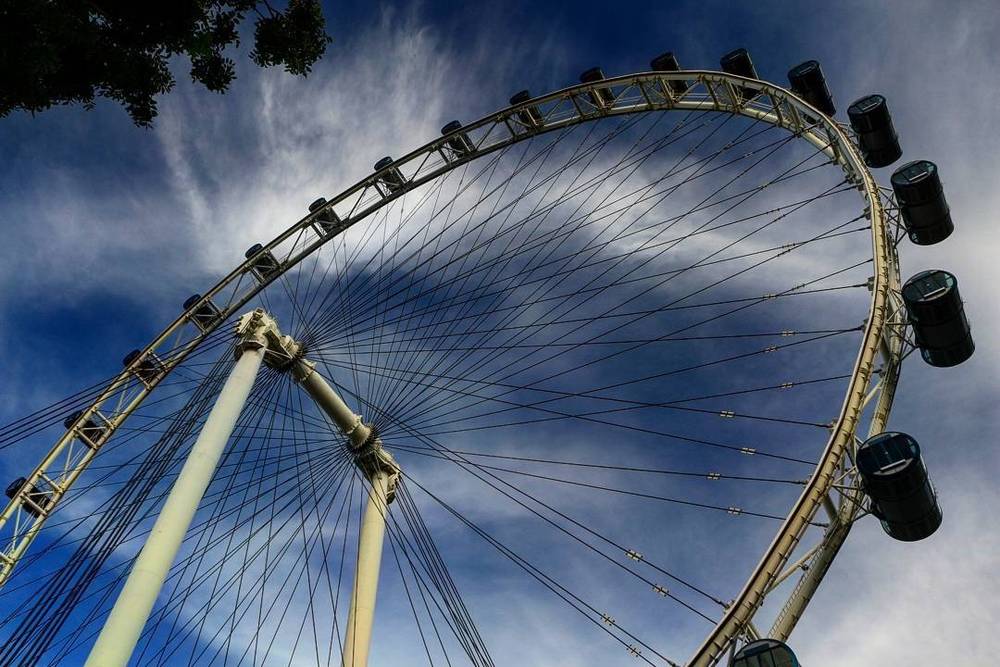 Close-up of the Singapore Flyer observation wheel against a cloudy sky.