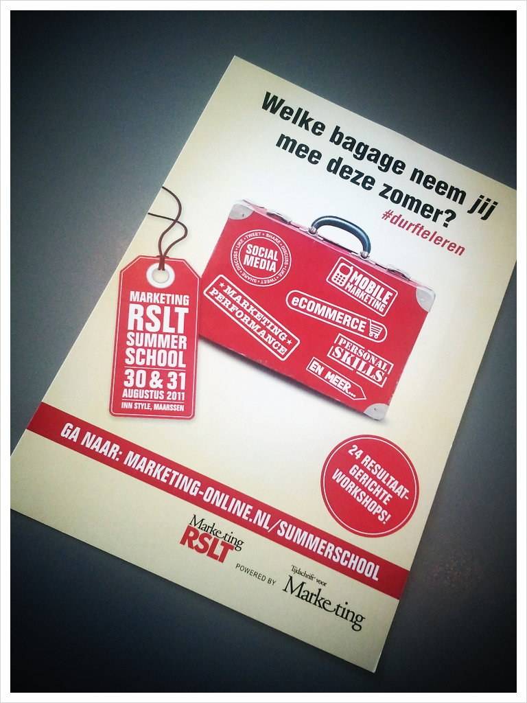 A flyer promotes the Marketing RSLT Summer School with a suitcase graphic.