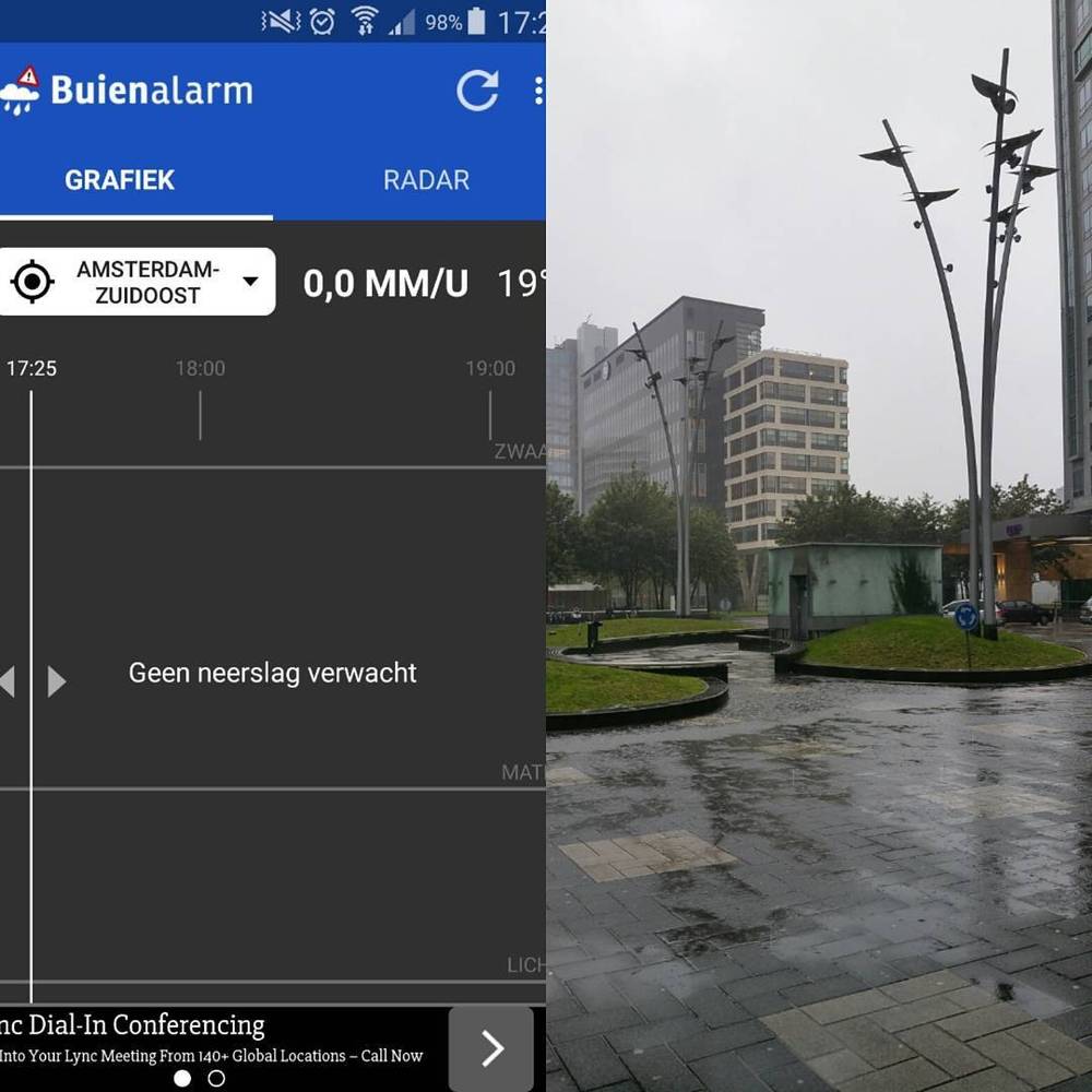 A collage of a weather radar app showing no rain expected, next to a wet, foggy office plaza.