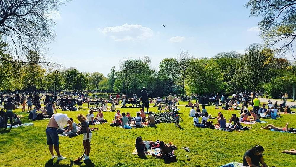 A park full of people sitting and picnicking on the grass on a sunny day.